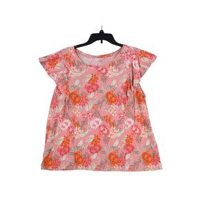 Loft Outlet Floral Rayon Cap Sleeve Blouse In Coral‎ Pink XL